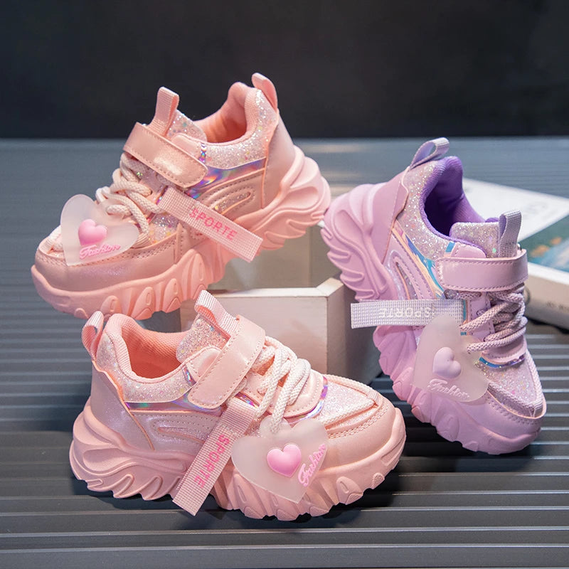 Girls Sports Shoes Kids Running Sneakers for School Fashion Cute Shiny Non-slip Children's