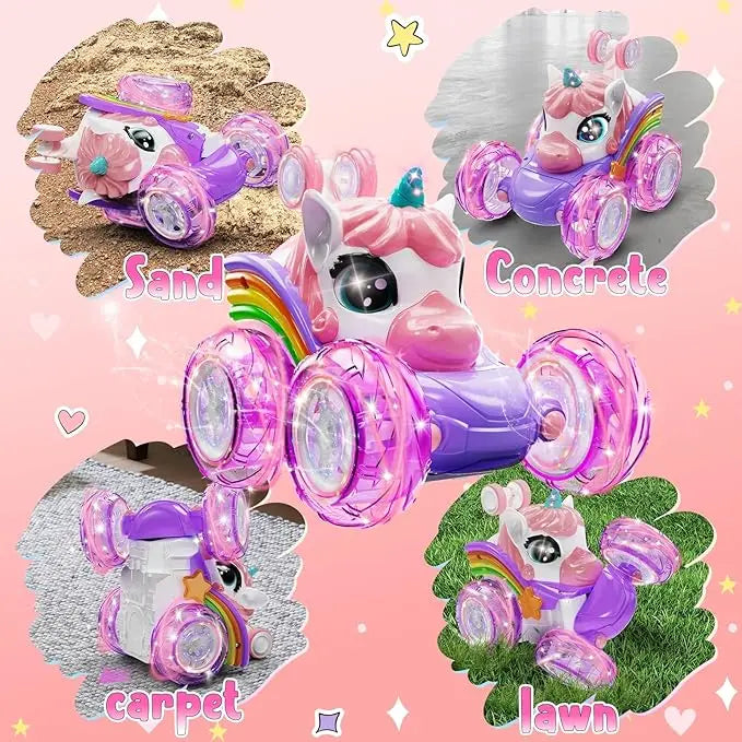 Unicorn Remote Control Car for Girls, 360° Rotating 4WD Stunt RC Cars with Cute Lights