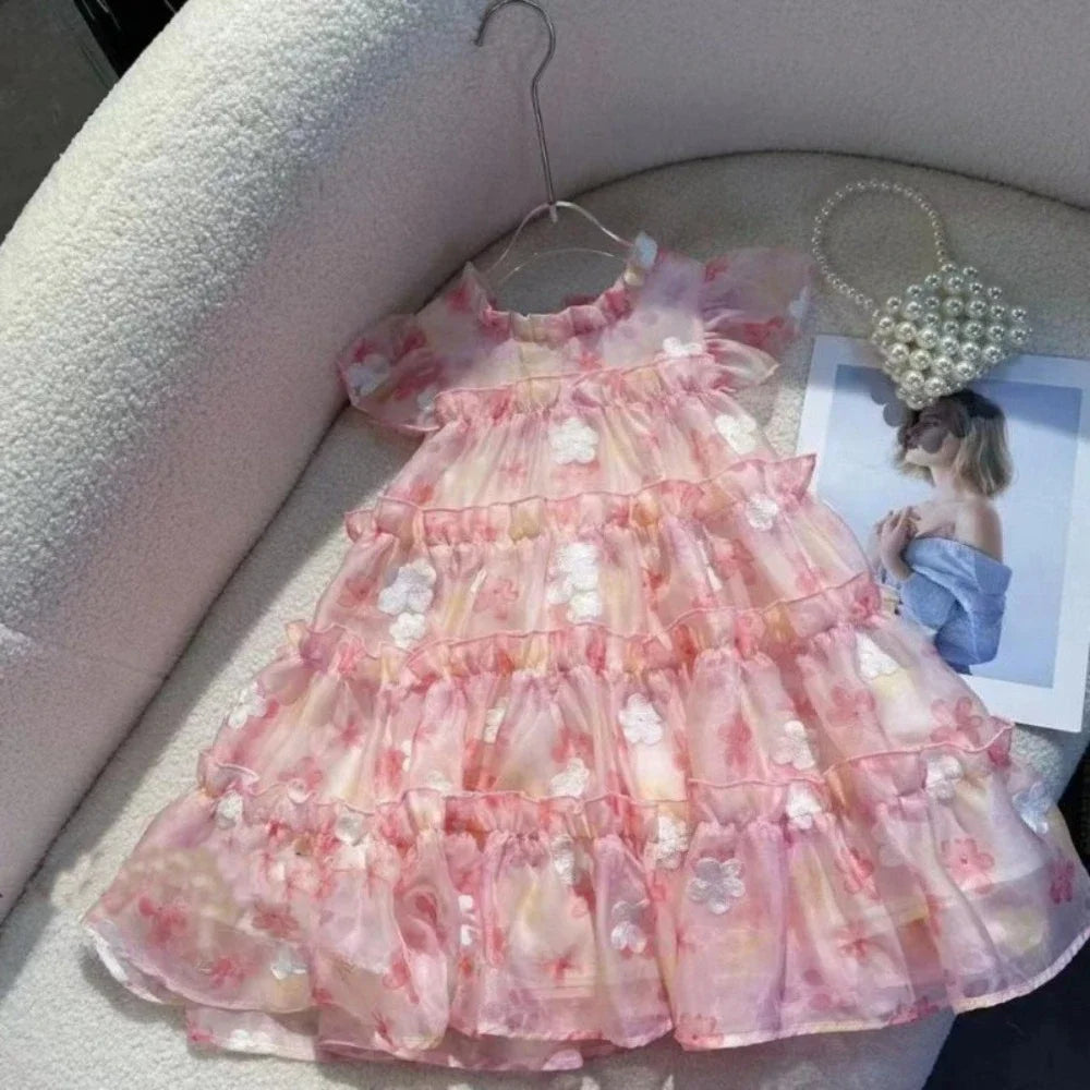 Summer New Pink 3-7 Year Old Girl Casual Clothes Round Neck Lace Floral Dress