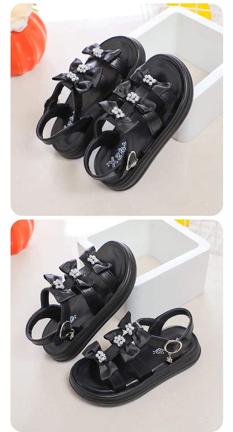 Girls Beach Shoes with Sweet Bows Soft Sole Kids Sandals Versatile 2025 Summer New Children Princess Shoes
