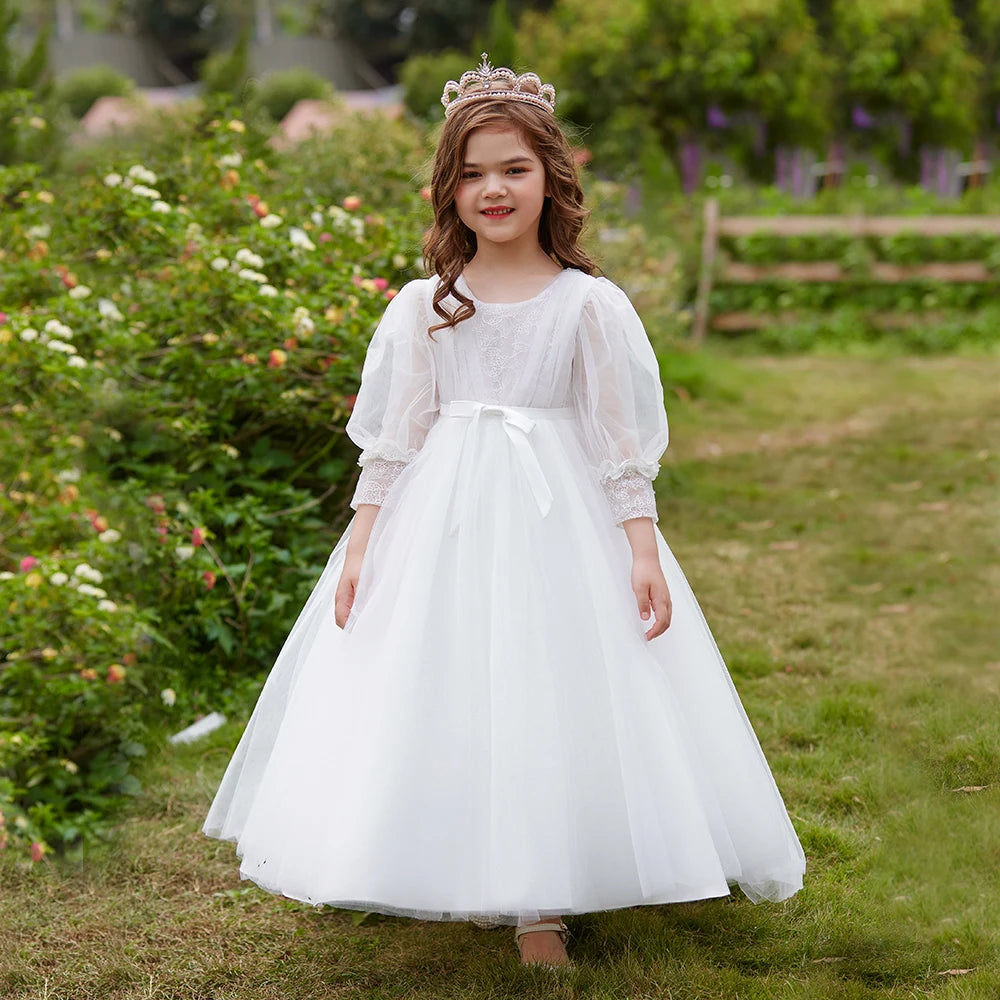 Summer Flower Girls Dress Bow Long Sleeve Wedding Ball Gown Child Host White Dress