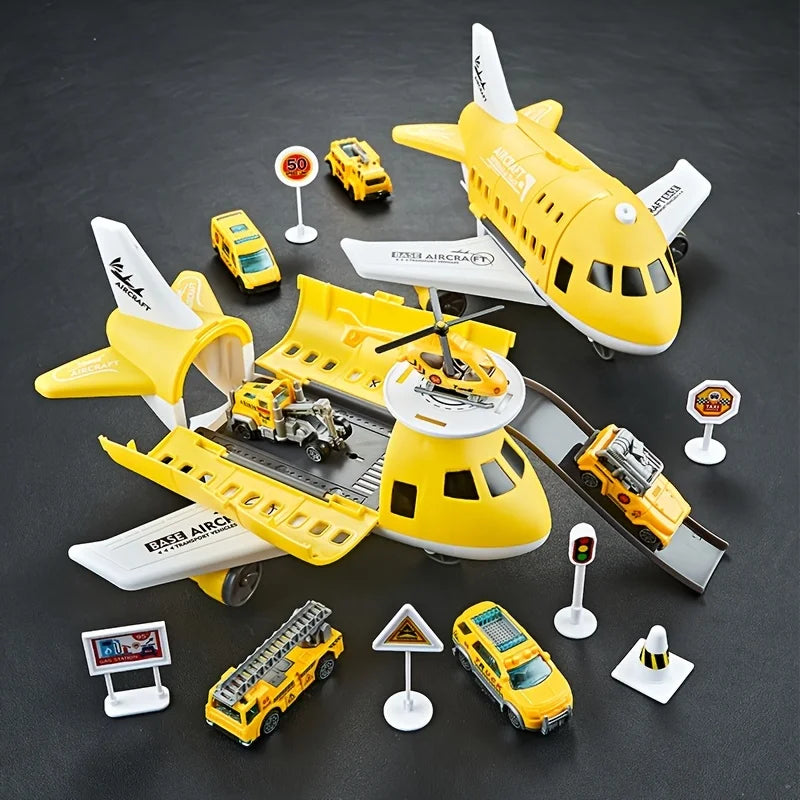 Children's Airplane Car Toy, Model Equipped with 6 Road Signs Random 3 Cars 1 Helicopter
