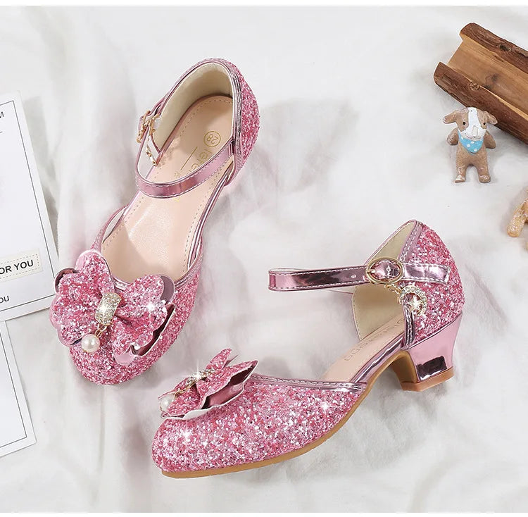 Girls' High Heels Fashion New Sequin Bow Shoes Children's Dance Single Shoes