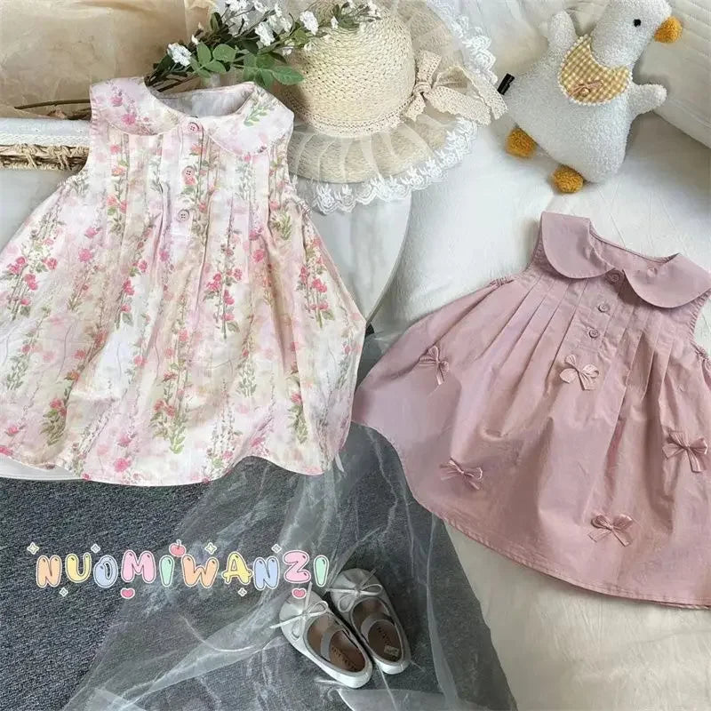 Girls Casual Dresses Flower Print Doll Collar Dress with Bow Flower Girl Dresses for Weddings Kids Clothes for Girls