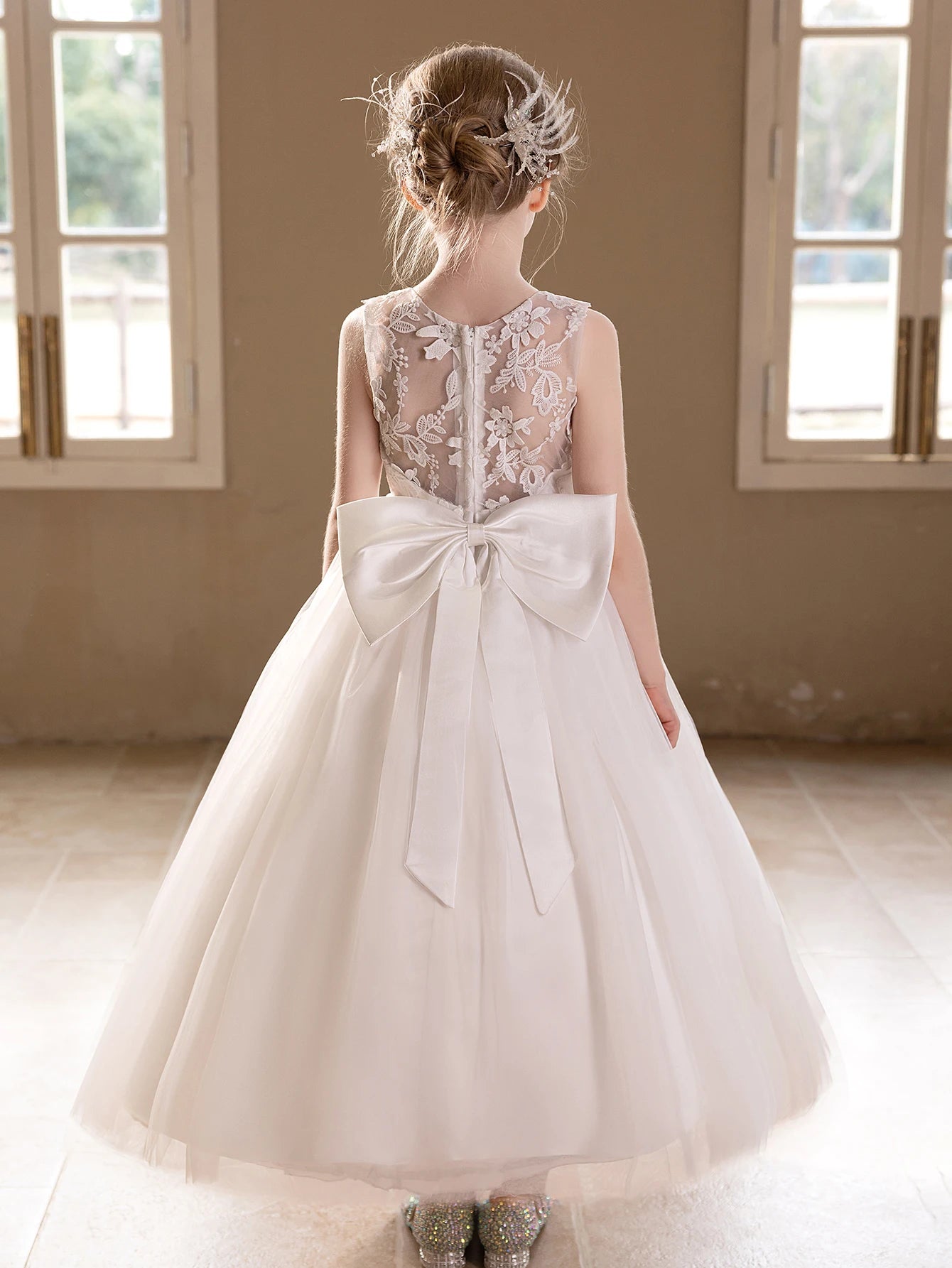 Teen Girls White Wedding Gauze Dress Lace Embroidery Big Bow  Dress