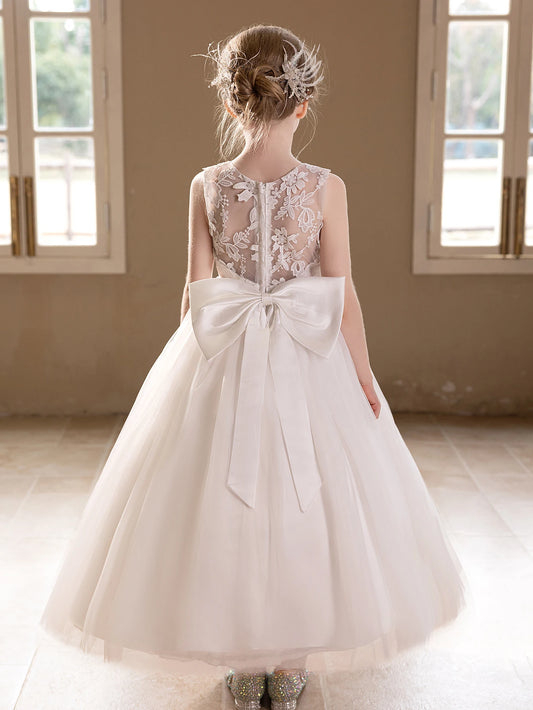 Teen Girls White Wedding Gauze Dress Lace Embroidery Big Bow  Dress