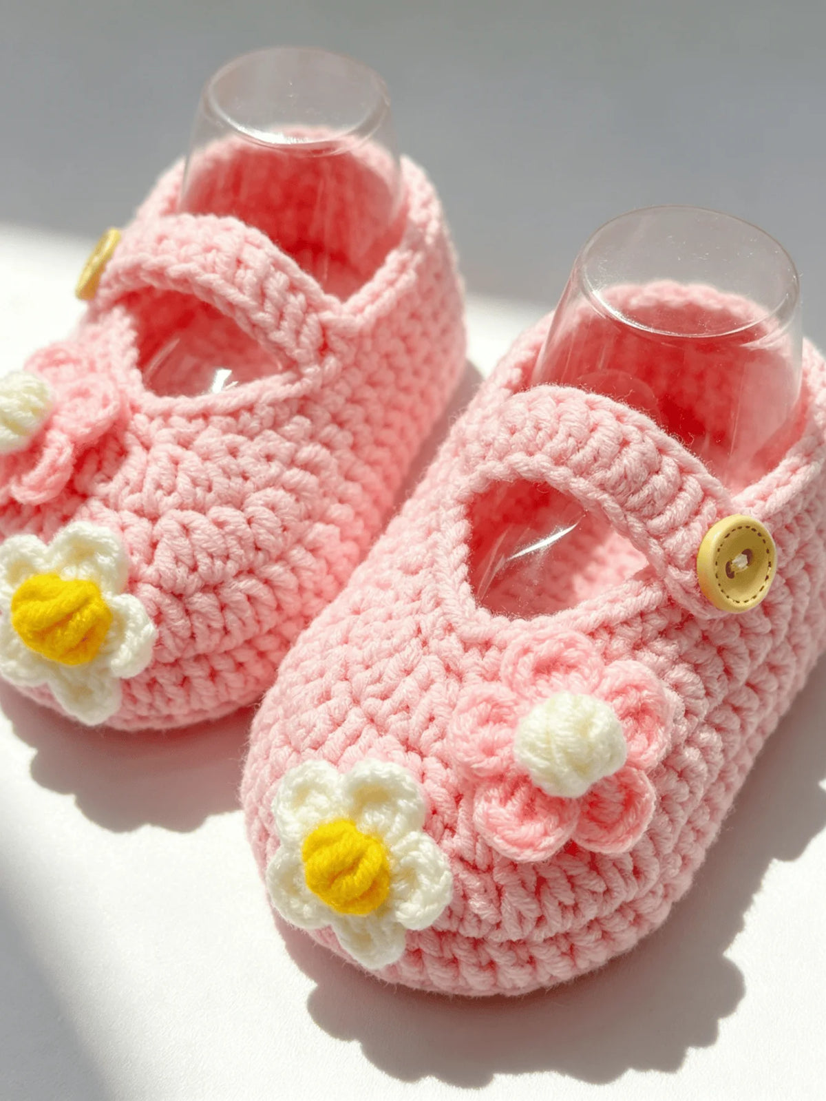 1 Pair Crochet Baby Girl Booties, Pink, Handmade Knit Shoes with Daisy Flower Detail and Button Strap