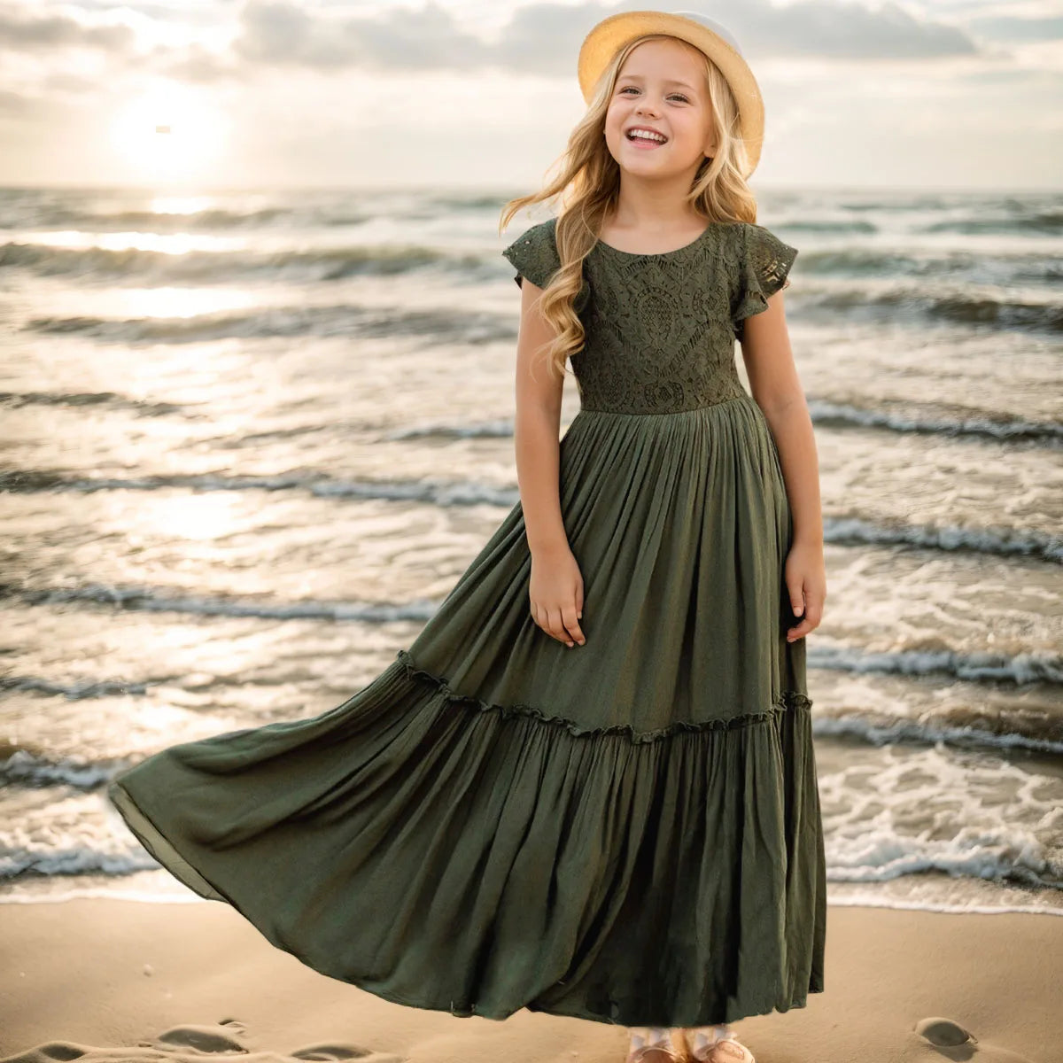 Girls Lace Bohemia Long Dresses Baby Kids Flower Wedding Princess Dress