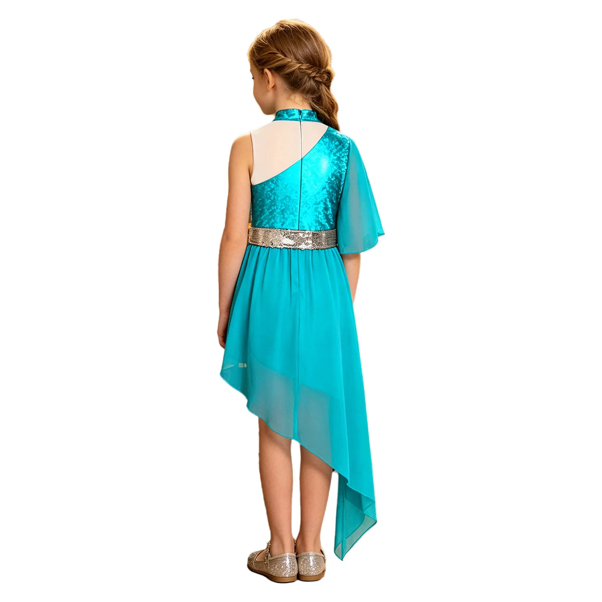 Kids Girls Lyrical Contemporary Worship Liturgical Praise Dance Dress Flare Sleeve Sequin Splice Dress Performance Costume