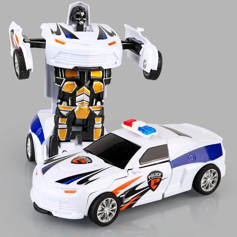 2 In 1 Car Toys Children's Collision Automatic Deformation Police Car Toy Boy Inertia Impact One-Button Transform CarRobot Model