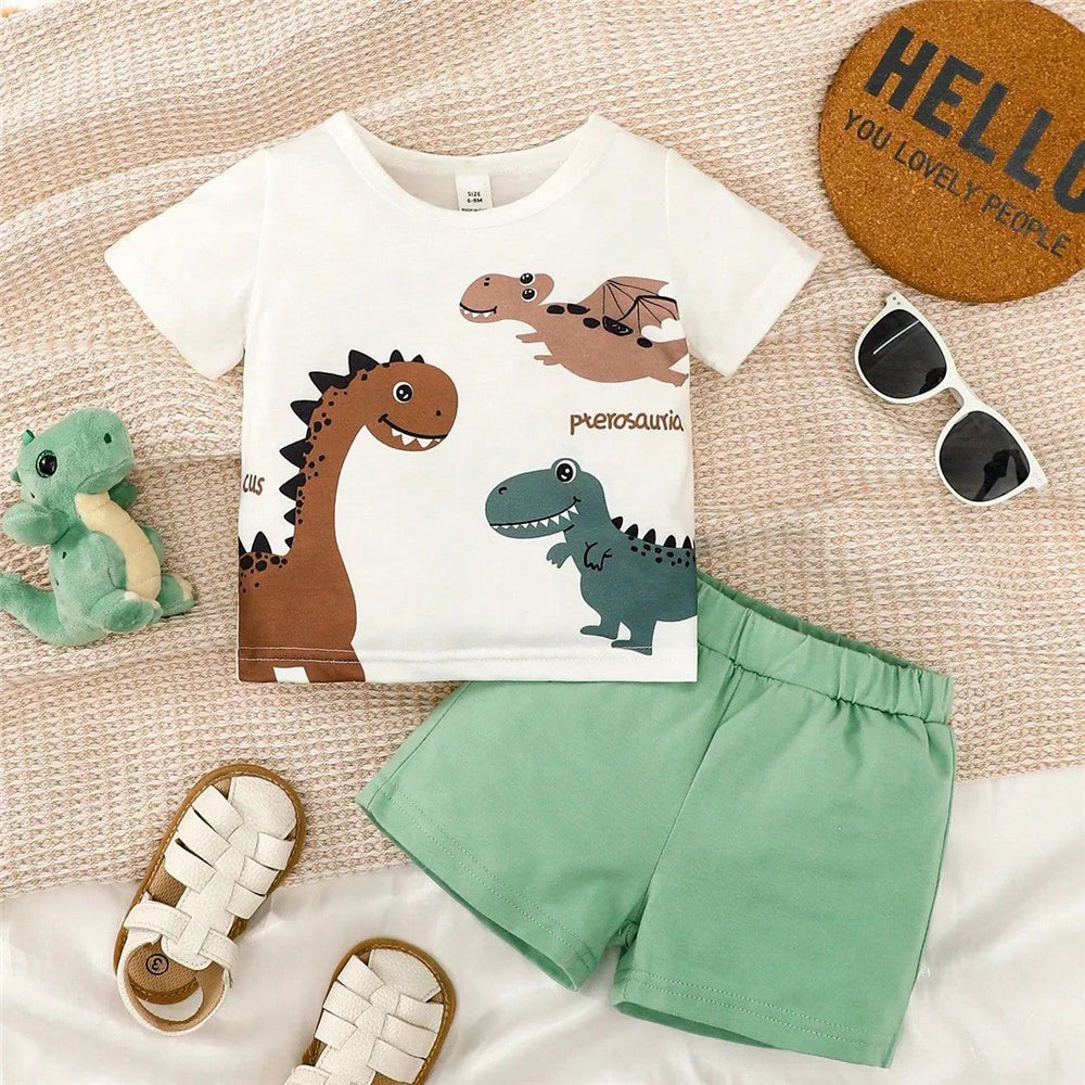 Baby Boy Dinosaur Set - White Top and Brown Shorts