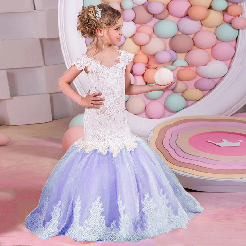 Baby Flower Girl Dress Kids Lace Long EveningGown Bridesmade Prom Mermaid Frocks