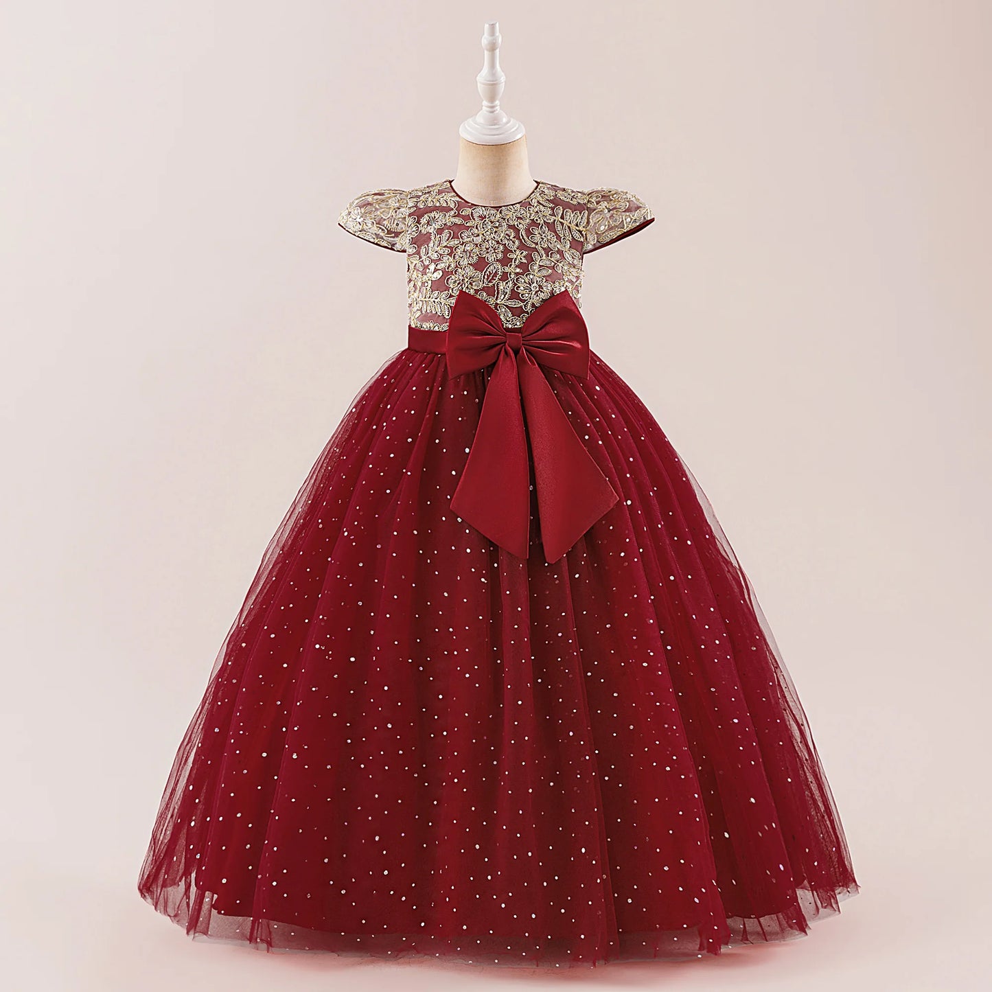 Girls Flower Embroidery Party Dress Kids Big Bow Long Wedding Bridesmaid