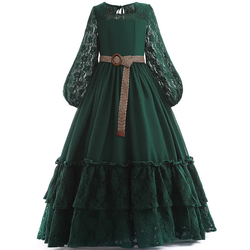 Girls lace long sleeved princess dress 2024 new high-end chiffon waist length