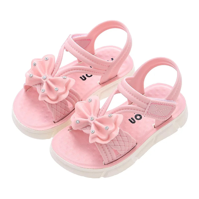 New Summer Bow Pearl Ornament Flat Sandals For Girls Aged 1-7 Children Slippers Non-slip Outdoors Seabeach Flip Flops Kids Shoes