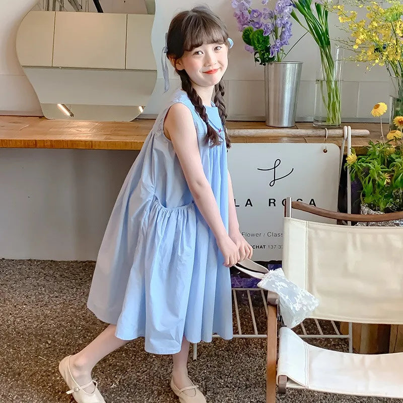Ana Summer Junior Girl Sleeveless Dress Solid Side Cotton Dress