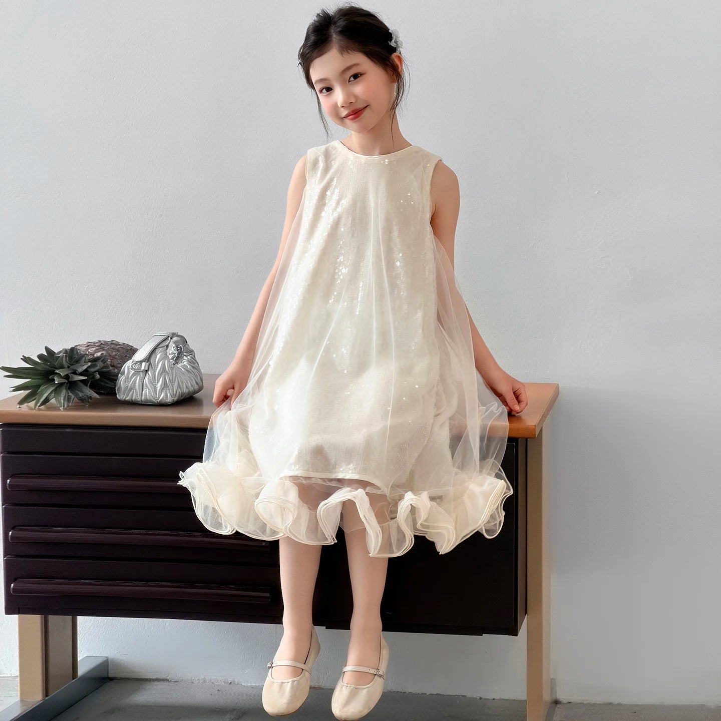 Kids Princess Dresses For Girls White Sleeveless Tulle Ruffle Dress