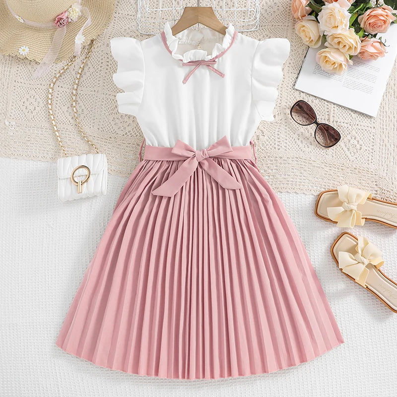 Emma Kids Dress for Girls with Pleated Skirt and Bow Tie