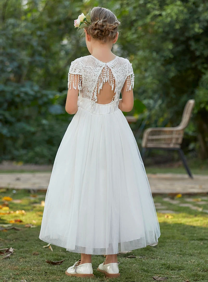 Christmas Girl's New Bohemian Style Lace Tassel Flower Backless Solid Color Dress