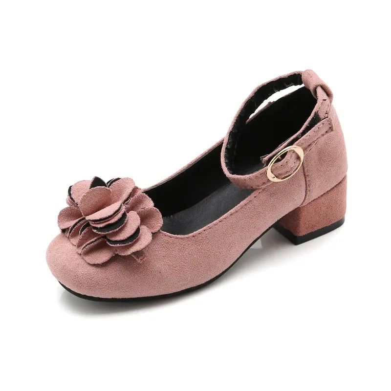 Girls Party Shoes High Heeled Fashion Princess with Flowers Sweet Chic Kids Leather Shoes for Wedding Model Shoes Ankle-strap