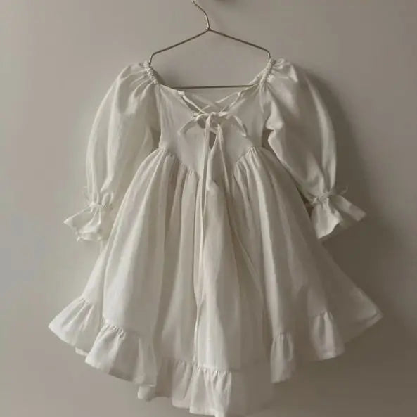 Kids Puff Sleeve White Dress Girls Cotton Linen Lolita Princess Dresses
