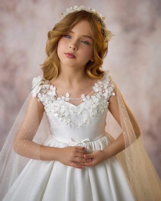 Elegant White Flower Girl Dresses With Wrap Customized Appliqued Litter Girls