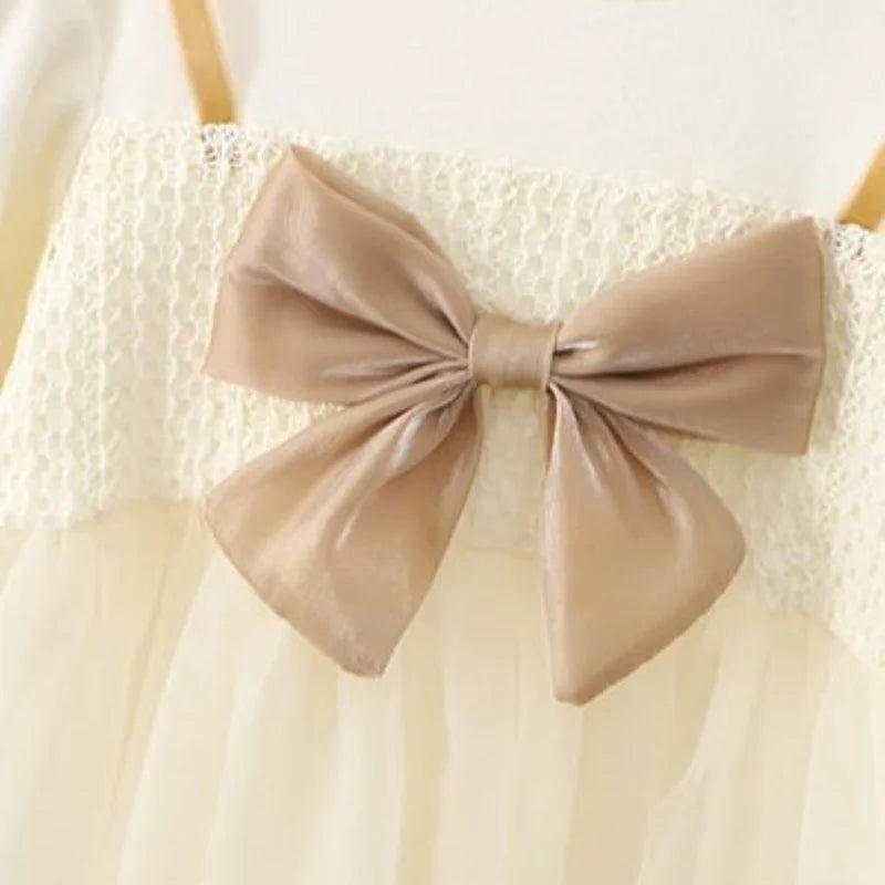 Elegant Baby Girl's Dress Spring Autumn Long Sleeved Princess Style Birthday Party Clothes Sweet Big Bow Lace Children's Dress