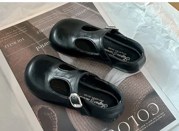 Girls Princess Shoes Black Round Toes 2025 New Fashion Kids Performance Shoes Pu Leather Non-slip Children Flat Shoes Hook&loop