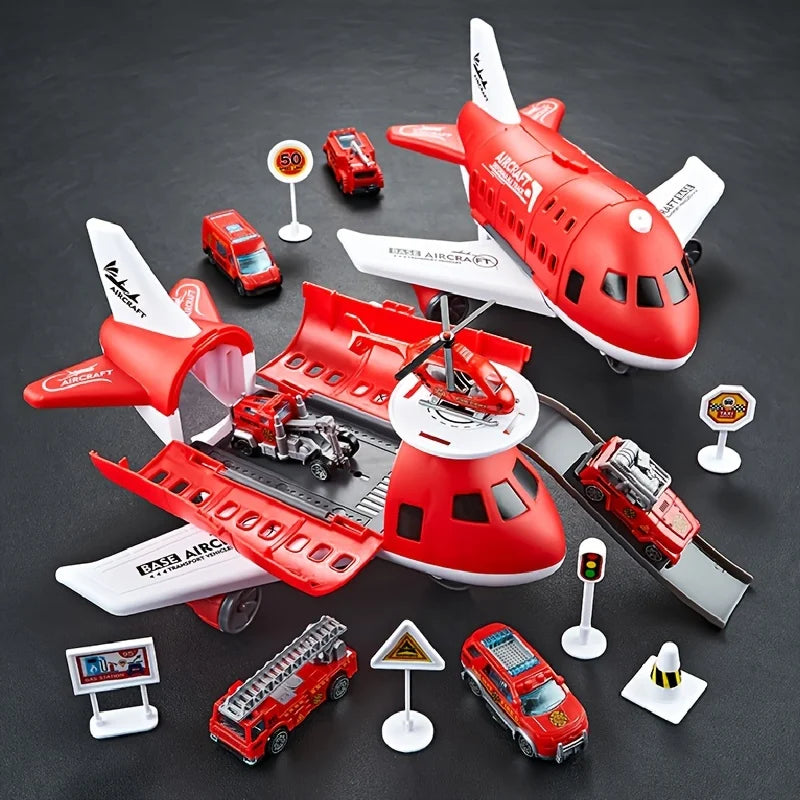 Children's Airplane Car Toy, Model Equipped with 6 Road Signs Random 3 Cars 1 Helicopter