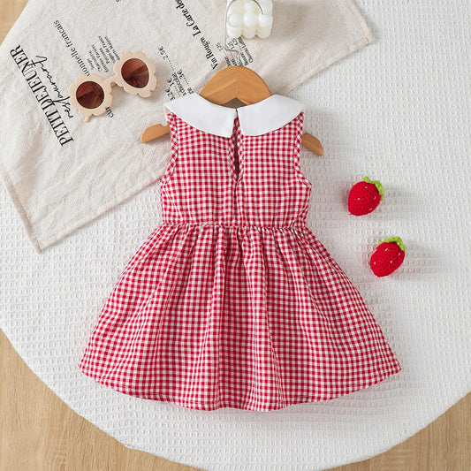 Cute Baby Girl Dress Doll Collar Strawberry Print in Red Checkered Pattern Dress