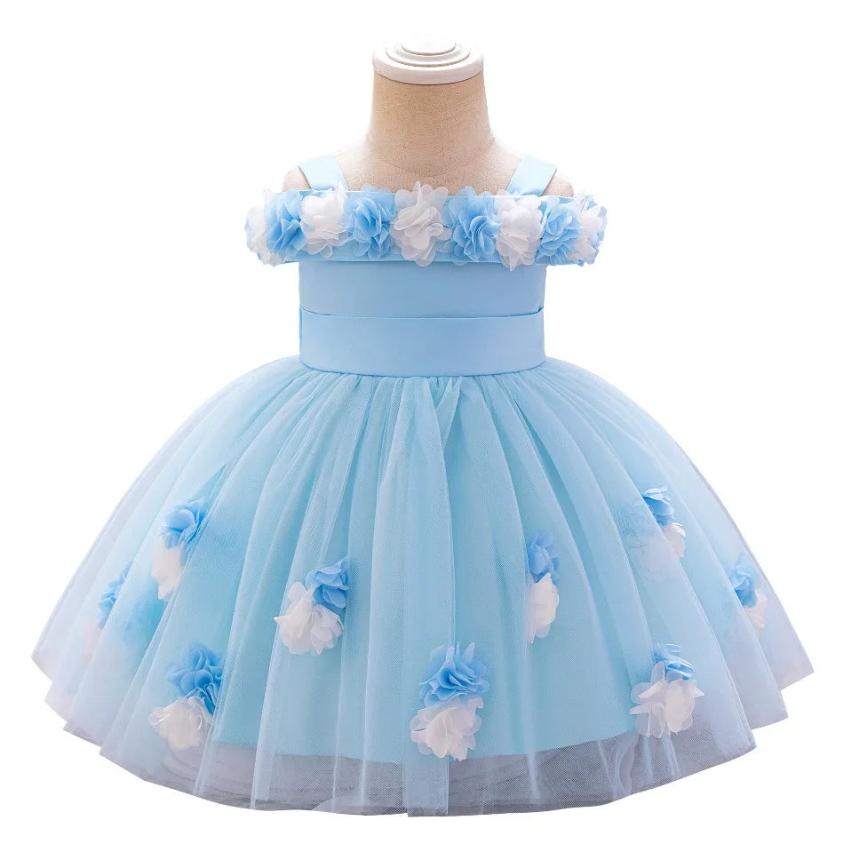 New Baby Girls 1st Princess Dress Infant Three-dimensional Flower One-word Shoulder Mesh Dress Baby Girl Performance Dress ASQ03