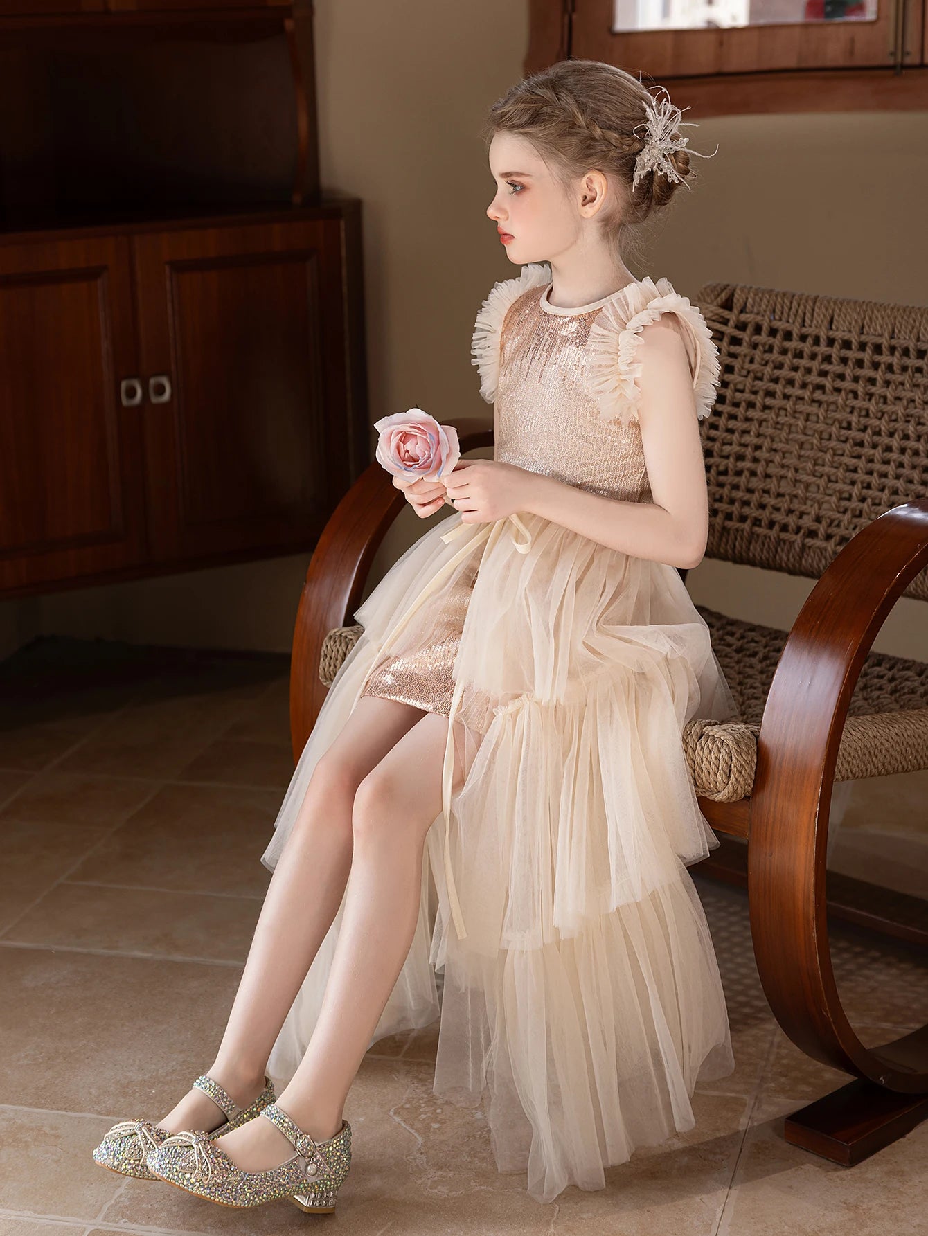 Girl party dress champagne-colored high-end dress set for birthday wedding Dress