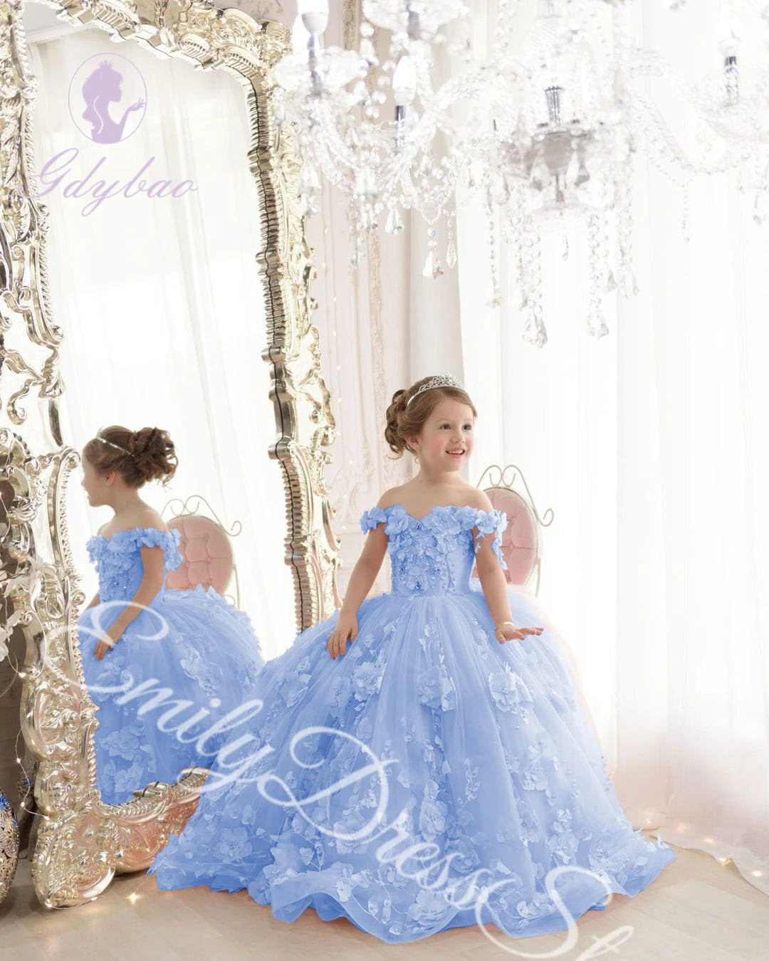 Customized Sky Blue Flower Girl Dress For Wedding Tulle Applqique Luxury Puffy Princess Kids Birthday First Communion Ball Gown