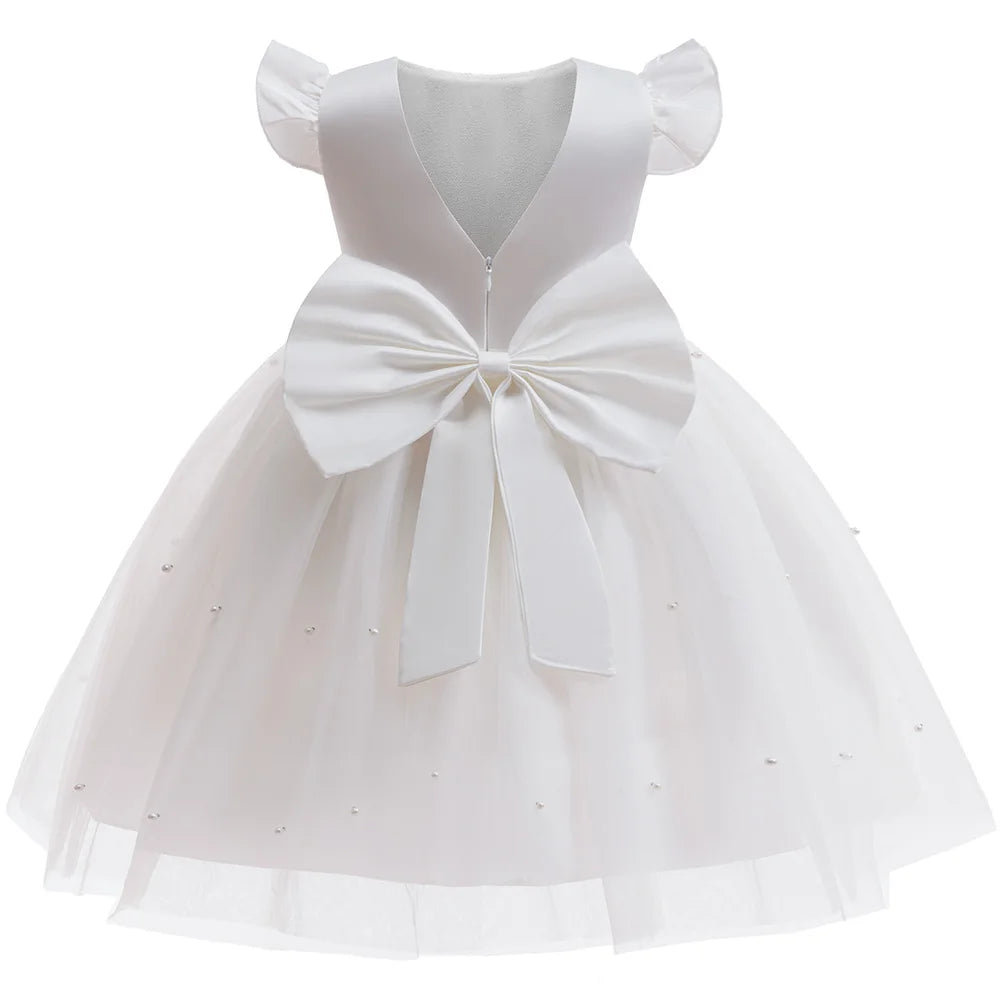 Kids Girls White Dresses Flower Child Wedding Dress Elegant Tulle Gown Baptismal Ceremony Costume Children Birthday Gift Dress