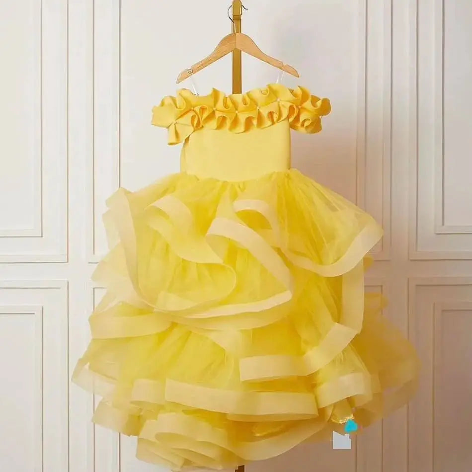 Elegant Yellow Flower Girl Dresses Ruffles Little Baby Girls First Birthday Party Pageant Dress For Wedding