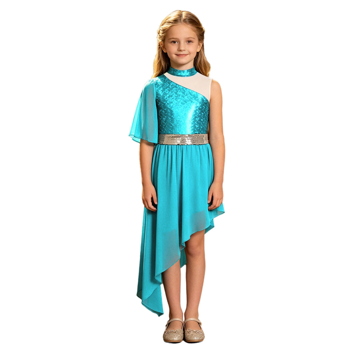 Kids Girls Lyrical Contemporary Worship Liturgical Praise Dance Dress Flare Sleeve Sequin Splice Dress Performance Costume