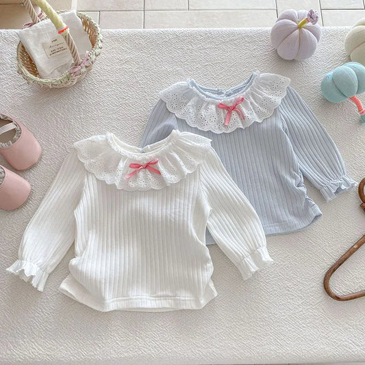 Alice Collar Ribbed Sweet Bowtie Frilly Neck Top