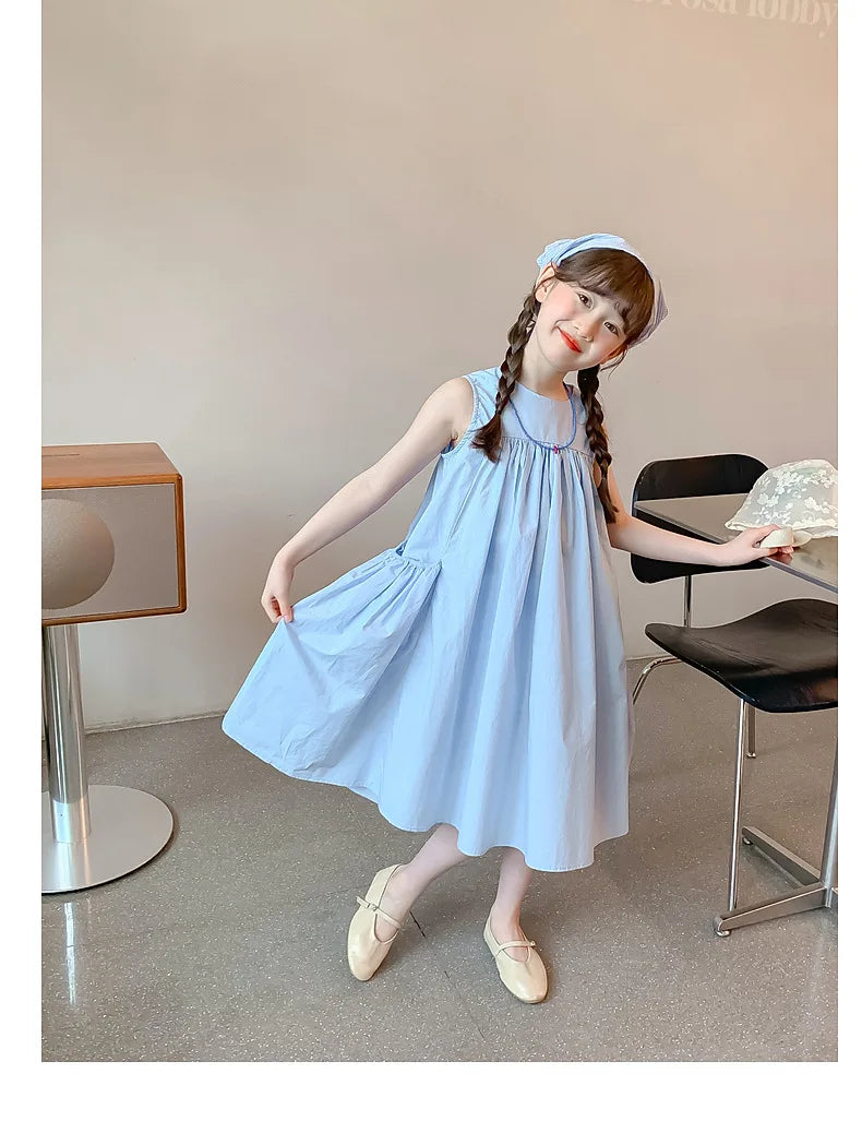 Ana Summer Junior Girl Sleeveless Dress Solid Side Cotton Dress