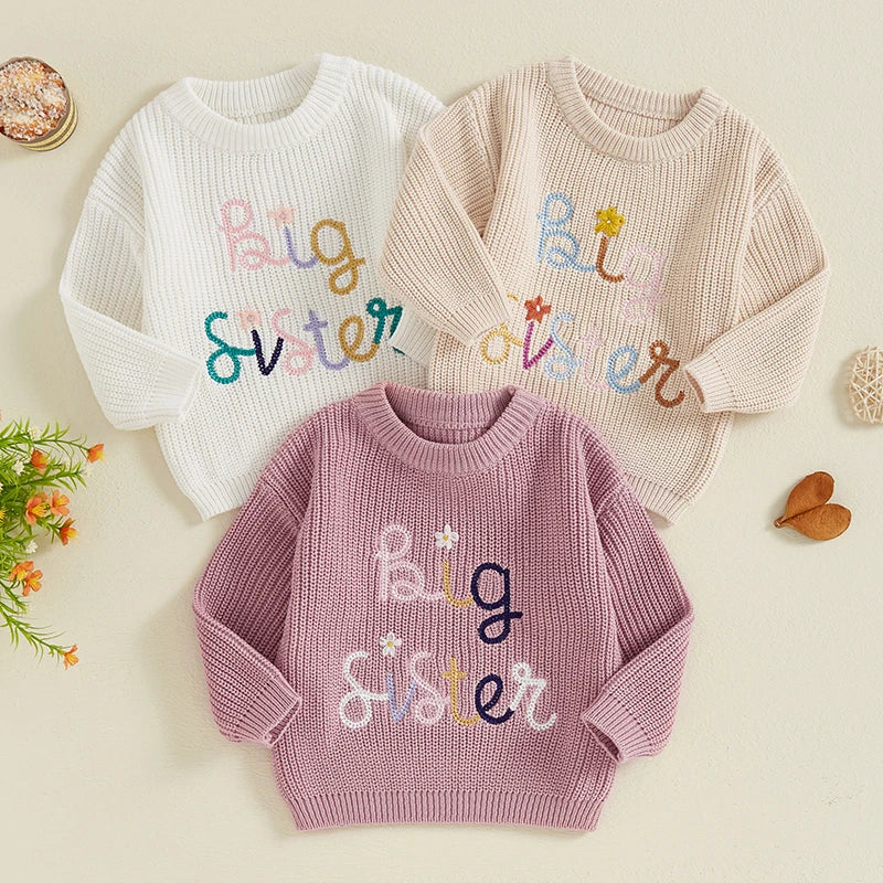 Nahiomy Girls Big Sister Fall Winter Sweater Casual Letter Flower Embroidery