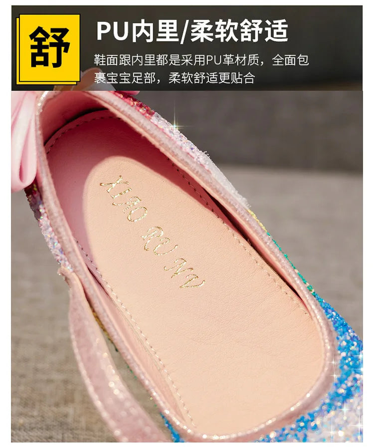 Girl Shoes Spring New Girls Soft Sole Leather Shoes Rainbow Sequins Dress Princess Shoes Kids Shoe Mary Jane Shoe Zapatos Niña