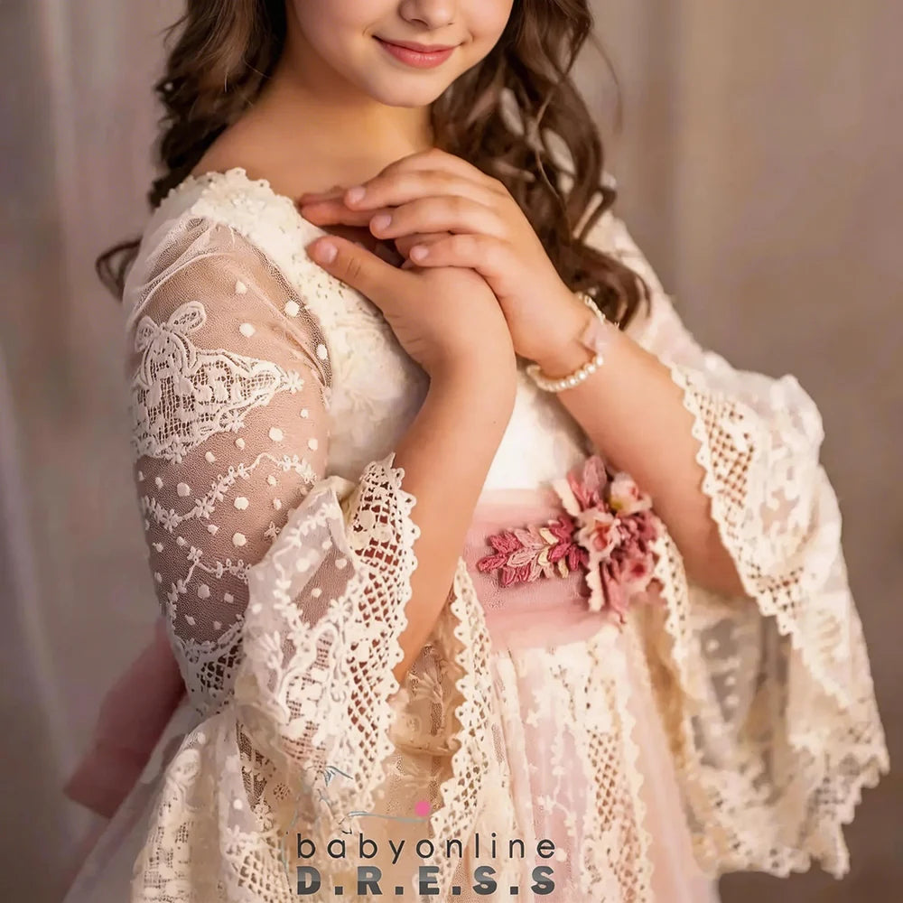 BABYONLINE Customized Comunión Dress Puff Sleeve Lace Embroidery Vestidos De Niñas