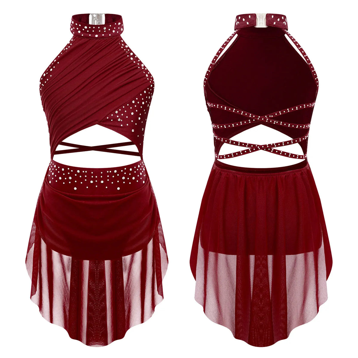 Girls Modern Lyrical Jazz Dance Dress Ballet Gymnastics Skating Performance Costume Kids Cut Out Dancing Leotard Tutu Skirted