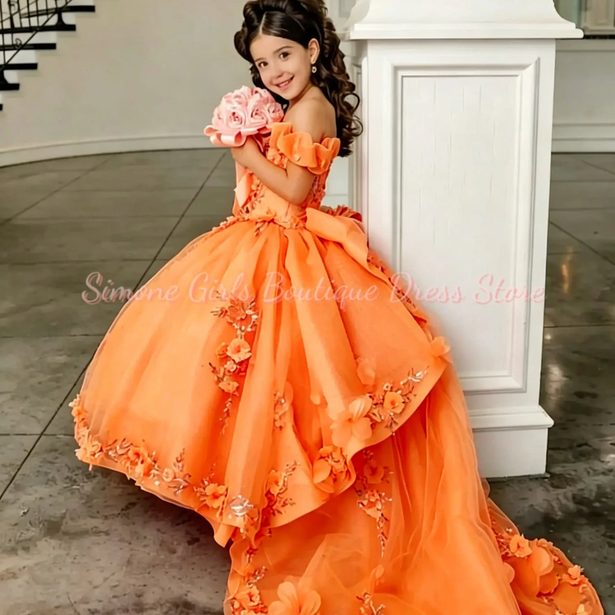 Girl Gown Flower Girl Dress for Wedding Off The Shoulder Applique Tulle Puffy