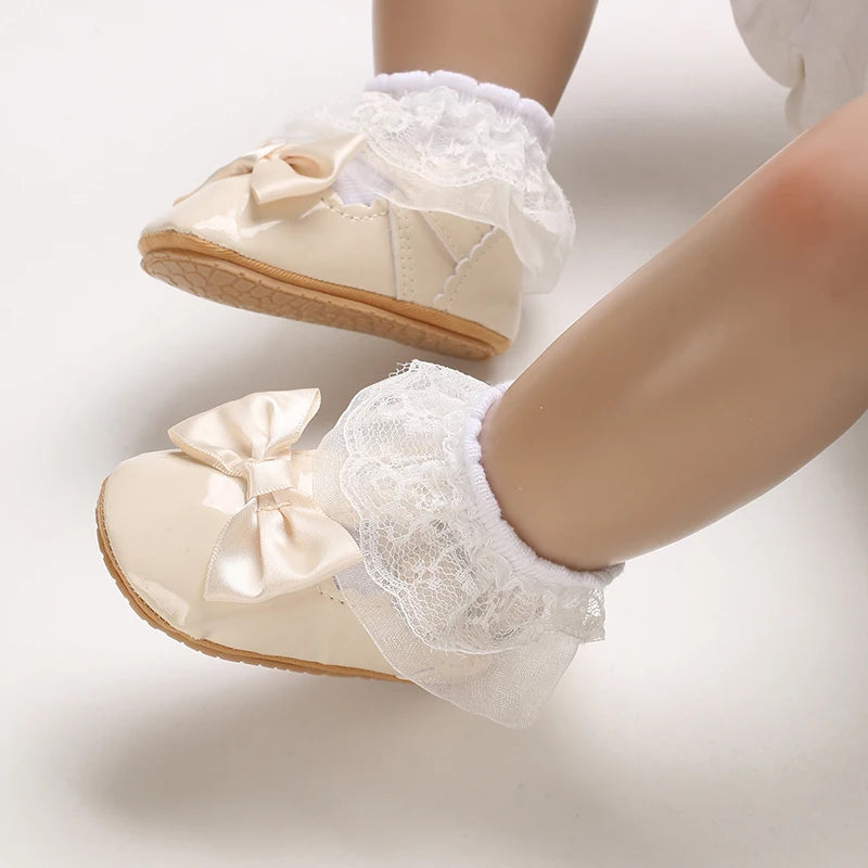 Baby Girls Shoes Classic Bowknot Rubber Sole Anti-slip PU Girls Dress Shoes