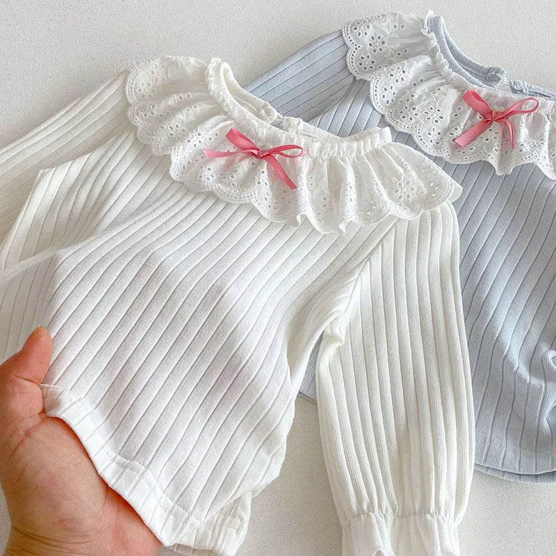 Alice Collar Ribbed Sweet Bowtie Frilly Neck Top