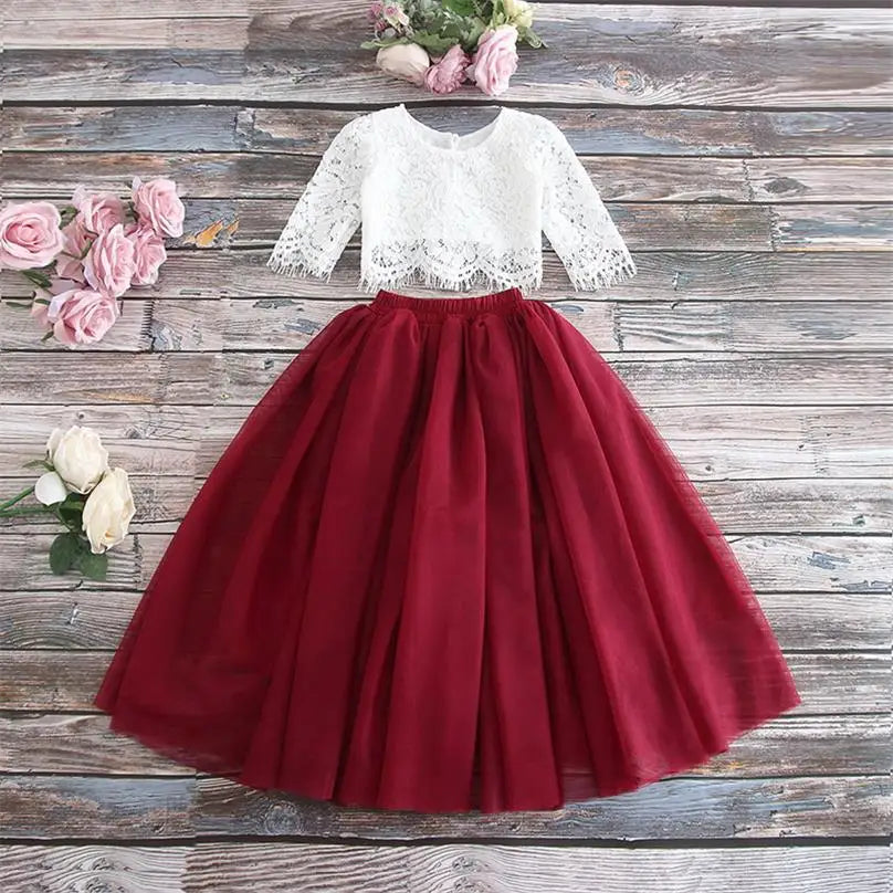Children Set Clothing for Girls Half Sleeve Lace Top+Champagne Pink Long Skirt dress