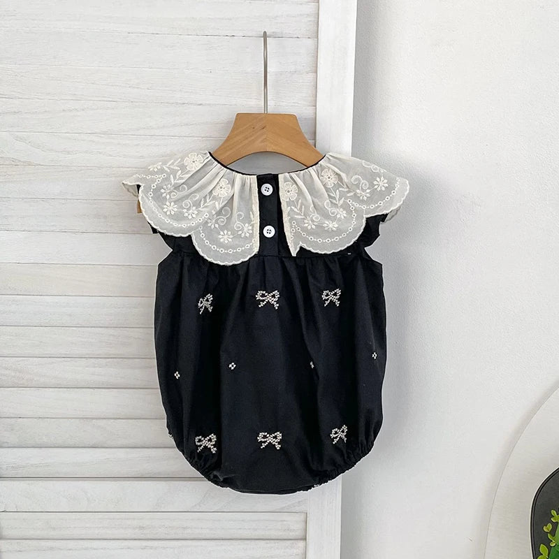 Black Embroidery Bow Romper