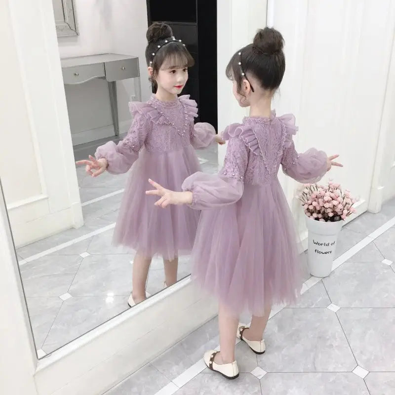 2023Girls' Autumn Winter New Fashion Half High Neck Long Sleeve Solid Color Dress