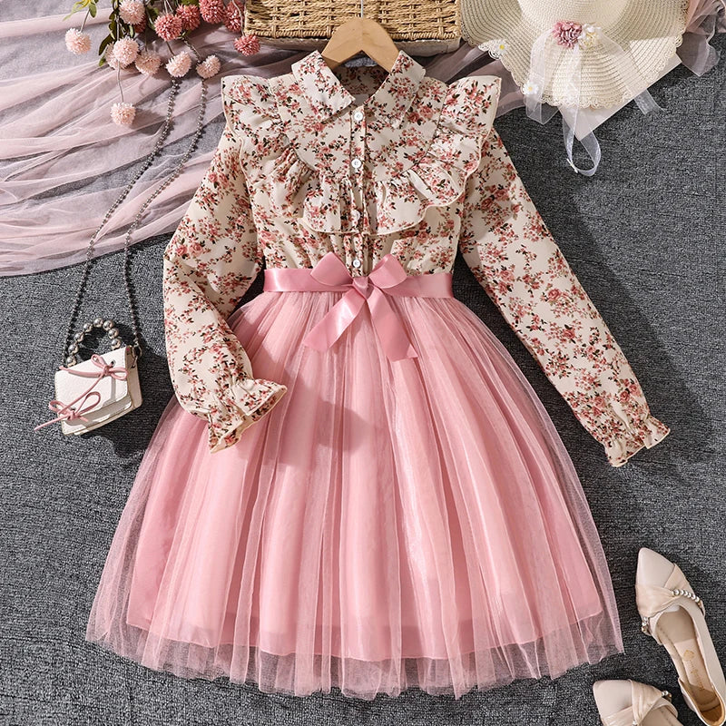 Girls' Peasant Style Dress 8-12 Years Floral Print Lapel Pink Mesh Hem Sweet Elegant Dress