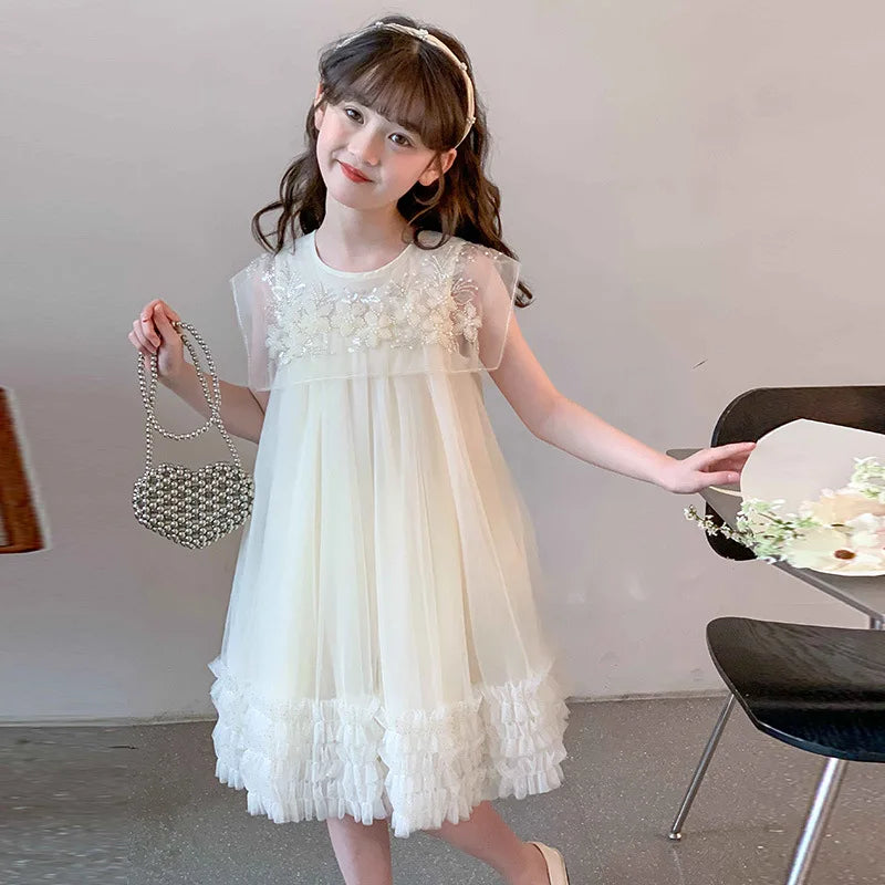 Summer Dress for Girls with Flying Sleeves Three-dimensional Flower Mesh